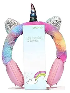 ExcluZiva Gallery Unicorn Headphones Magical Shimmery Colorful Furry Over Ear 3.5 mm Jack and Mic Adjustable Headset Cushion Stereo Wired Earphone for Kids Girls Children Toddler Birthday Party Gift