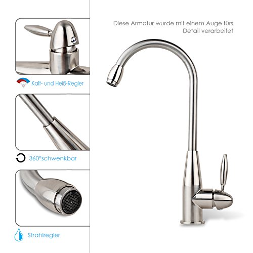 Homfa 360° schwenkbar Küchen Armatur Waschtischarmatur Küchenarmatur Spultischarmatur Wasserkran Wasserhahn Einhandmischer für Waschtisch Spültsich in Küchen Badzimmer WC Nickel Gebürstet - 5