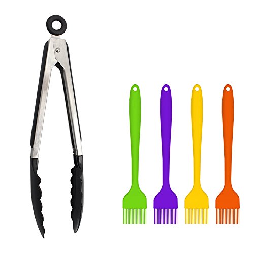 WOSON 5Pcs BBQ Grill Zubehör Set - 4x Silikon Backpinsel / Grillpinsel (21*3.5cm) + 1x Küchenzange / Grillzange aus Edelstahl mit Silikon 27cm für Kochen, Grillen, Backen und Servieren