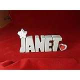 Beton, Steinguss Buchstaben 3 D Deko Namen JANET mit Stern und Herzklammer als Geschenk verpackt! Ein ausgefallenes Geschenk zur Geburt, Taufe, Geburtstag oder auch zu anderen Anlässen.