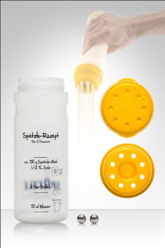 „Schwäbisches Starter-Kit“: Originaler Spätzle-Shaker in gelb + Kochbuch - 4