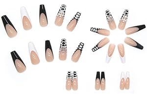 WOOXDYUK 24 sztuki uñas postizas, uñas postizas mate, puntas de presión, cobertura completa, arte de uñas en blanco y negro, patron entrecruzado, pestañas de pegamento para mujeres y niñas