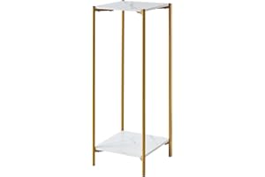 NICEME Tall Table with 2 Tiers, Square End Table Sofa Side Table, 90cm Plant Stand Indoor Plant Holder, with White Marble Texture (White, 2 Tier)