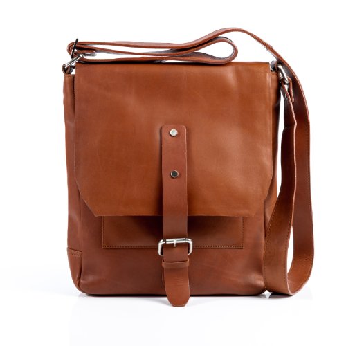 FEYNSINN Messenger Bag JACKSON - Umhängetasche fit für 11", iPad - Kuriertasche - echt Leder hellbraun-cognac