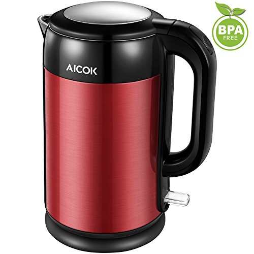 Aicok Wasserkocher, Voll Wasserkocher Edelstahl, Doppelwandig, Verbrühschutz, Auto Abschaltung, BPA frei, 2200 Watt, 1,7 Liter Rot