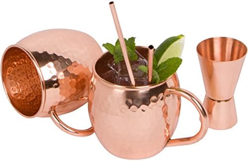 RedStar Barware 100% Solid Hammered Copper Moscow Mule Mugs (Set of 2), 16 oz, with Doublejigger ~ Pure, Thick Gauge Copper With No Lining, for Authentic Taste ~ Makes a Great Gift, by Red Star Barware.