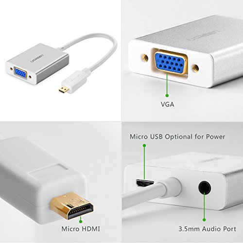UGREEN Mirco HDMI auf VGA Micro Hdmi Stecker zu Vga Buchse Adapter 1080P HDTV Aktiv Audio Übertragung Konverter Kabel Digital zu Analog mit Vergoldete Kontakte,unterstüzt für Handy, Gopro, Ultrabook,PC Tablet, DVD-Player oder Media-Player Silber - 2