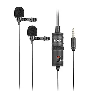 Boya BY-M1DM Dual Lavalier Universal Microphone with a Single 1/8 Stereo Connector, 13ft Cable for Cameras and Smmartphones, black