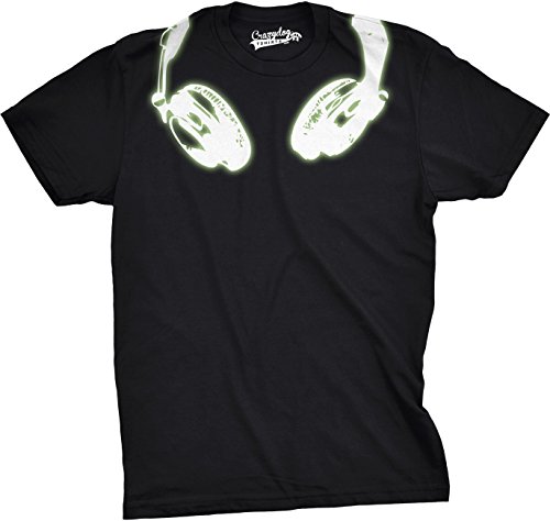 Crazy Dog T-ShirtsMens Glow in The Dark Headphones T Shirt Cool Music Lover DJ Funny Graphic Tee (Black) - M