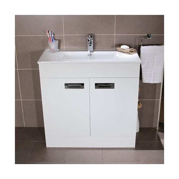 800 Vanity Unit with Basin for Bathroom Ensuite Cloakroom - Luxury Soft Closing White Compact Design - Inset Ceramic Hand Wash Sink - Modern Deep Fill 2 Door Storage Cupboard in Gloss Finish - includes Internal Shelf (Dimensions ** MDF Furniture Cabinet - Height: 825mm, Width: 813mm, Projection: 365mm ** Basin Weight: 13kg) - Image 3