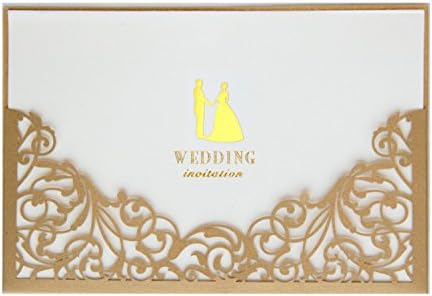 10 Laser Cut Gold Wedding Invitations with Blank Insert Card and Envelope