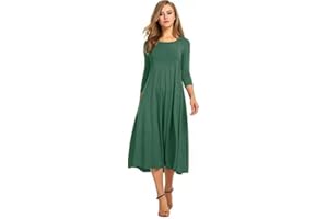 PLACITIUME Casual Women's Loose Long Dress Plain Pleated Short Sleeve Midi Dresse
