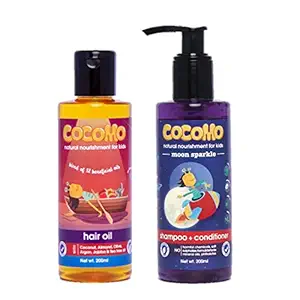 Cocomo Natural Kids Hair Care Combo: 12 in 1 Hair Oil + Moon Sparkle Shampoo - Paraben & Sulfate Free - Contains Coconut Oil, Olive Oil, Argan Oil, Tea Tree Oil & Neem (400 ml)