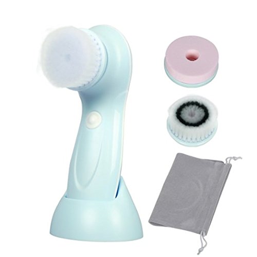 KEDSUM 3-in-1 Rechargeable Electric Facial Cleansing Brush,USB Charging Portable Face Exfoliator Massager,Waterproof Skin Cleansing System,Rotating Brush with 3 Different Replacement Heads, 2-Speed Setting(Blue)