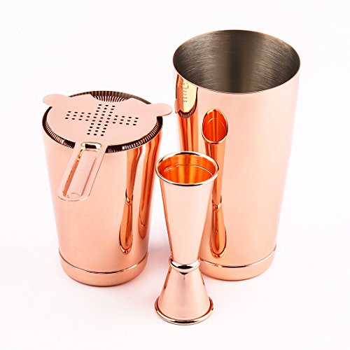 Kupfer Boston Shaker: 4-teilig Set: 550ml&750ml Profi Edelstahl Cocktail Set, Barsieb & Barmaß von Homekeros - 2
