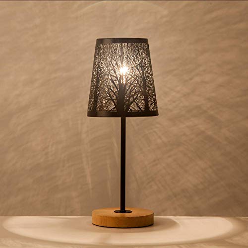 OYGROUP Petite Lampe De Chevet Avec Base En Bois Noir Bâton En Métal Creux Abat-Jour E14 pour Chambres Bureau Filles Dortoir Salle À Manger Salon Décoration NO BULB