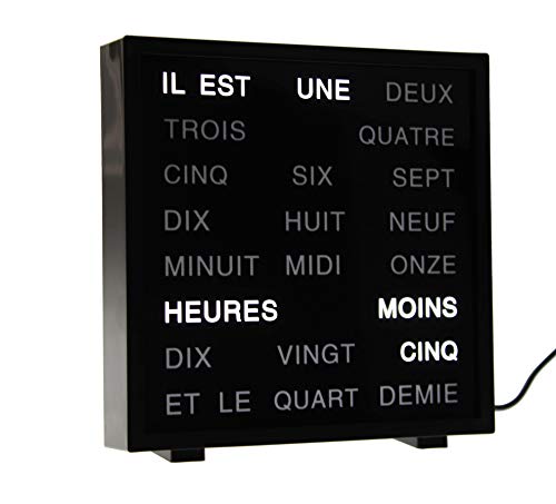 Horloge LED avec Mots en français / Word Clock - Noir - 16,5 cm x 16,5 cm x 3 cm