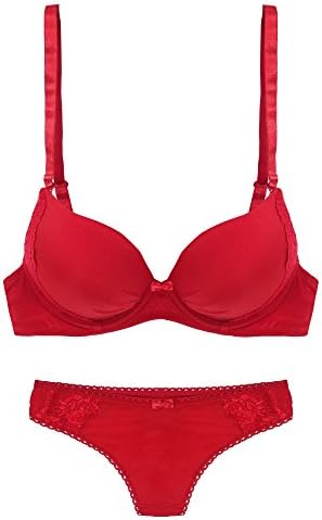 Kendindza Women Push-Up Lingerie Set Strap Bra &amp; Slip 80901 (32C-10, Red)