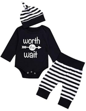 sunnymi Bekleidung 3tlg Baby Jungen Mädchen Langarm Strampler+Streifen Hosen+Hut Kleidung 