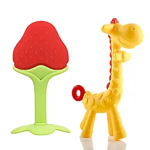 YOUSTYLO - YOU ARE PRIORITY teethers for Babies | Strawberry-Giraffe BPA-Free Silicon Teething Toy | Toodler Teether for 6-12 Months Toys for Newborn Baby with Storage Box (Red-Yellow, Pack of 2)