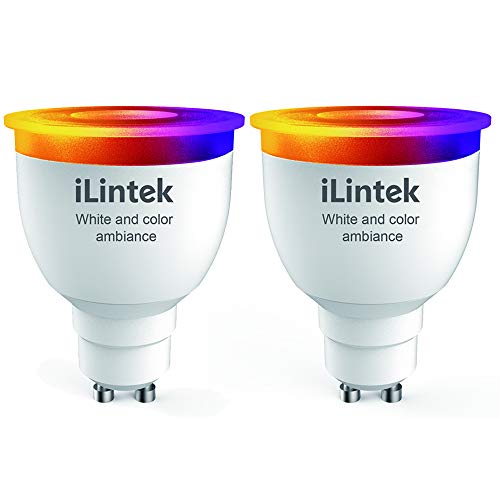 Bombillas Inteligentes E27 - iLintek Bluetooth GU10 6W Coloreado Bombilla de Luz Inteligente Bombilla Regulable Control Remoto Compatible Alexa y Google Home(GU10-6w-2)