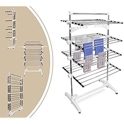 Leogreen - Etendoir à Linge, Séchoir à Linge, 4 étagères, Noir/Blanc, avec Ailes et Barre supérieure, Matériau: Tubes en Acier Inoxydable, Nombre de Barres: 32