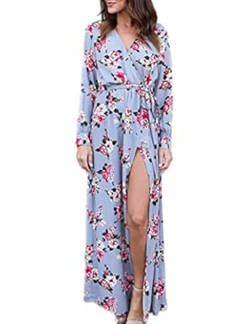 Sommerkleid Damen Longra Blumen Kleid Lange Kleider Maxikleid Damen V-Ausschnitt Langarm Boho Beach Kleid Lang...