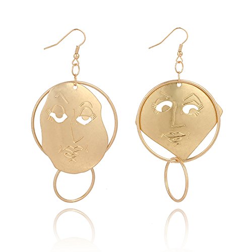 dondo - Pendientes de Gancho para Mujer, diseño de Cara Humana asimétrica, Dorado, 7,5 cm