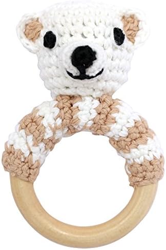 Sindibaba 12182 10 cm Crochet Bear Rattle on Wooden Grasp Ring