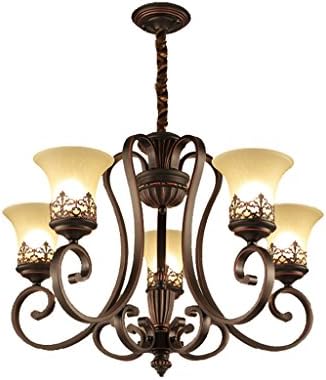 Yuyuan Light Luxury retro iron chandeliers,American retro castle living room villa staircase decorated ceiling lamp, 5 head high brightness glass hanging lamp, retro color E27, not including light bulbs