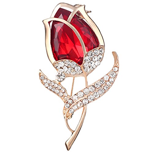 (Rose_5) - Celebrity Jewellery Austrian Crystal 18K Rose Gold Plated Red Rose Flower Brooch for Women Gifts