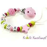 Schnullerkette mit Namen für Mädchen mit Stern und Häkelperle - dunkelpink, rosa, lemon