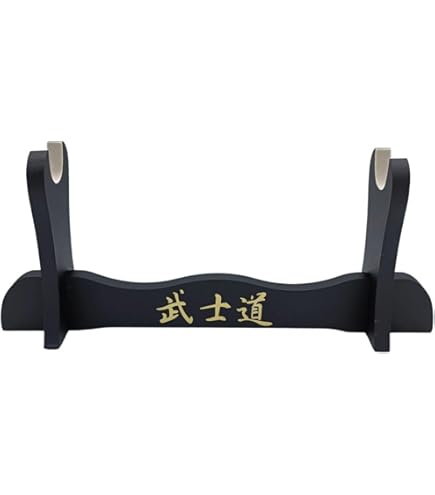 Glac Store® Supporto Espositore Stand Da Tavolo Per Katana Samurai In Legno 3 Posti Con Scritte Giapponesi Impreziosita Da Velluto Giallo Oro Scamosciato