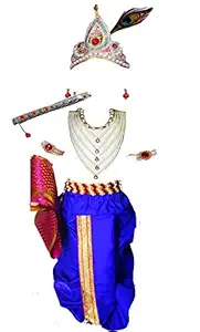 Krishna Dress 19 (6-12 Months) - Dhoti , Bansuri, Kundal, Kamarbandh, 2 Mala , Bandhani, Mukut, Morpankh and Patka - Set of 10 Items, Red