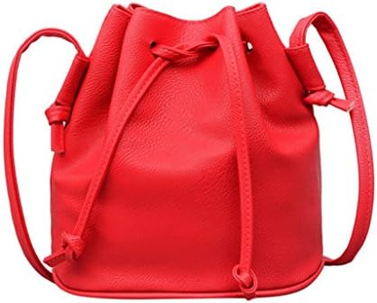 Hmeng Fashion Womans Designer Plain Color Soft Faux Leather Bucket Bag Crossbody Shoulder Handbag Simple Drawing String Messenger Bag Purse Satchel (Red)