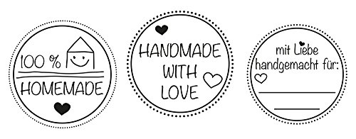 Stempel 3er Set „Mit Liebe handgemacht, 100 % Homemade und Handmade with Love, 3 cm Durchmesser, Holzstempel - 4