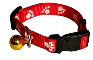 RvPaws Adjustable Paw Print Cat Collar with Cute Bell Easy Clip Buckle Bell Kitten Puppy (RED, 15 MM)