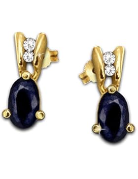 CLEVER SCHMUCK Goldene elegante kleine Ohrstecker mit Saphir ovale Form facettiert und 2 Zirkonias verziert glänzend...