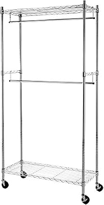 AmazonBasics Portant à double tringle avec roulettes, Chromé