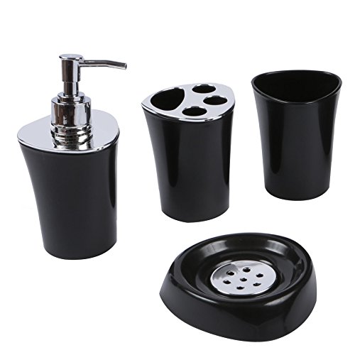 Zuvo Badzubehör-Set, mit Abfalleimer, Seifenschale, Lotionspender, Zahnbürstenhalter, Zahnputzbecher, WC-Bürste, 6-teilig schwarz - 3