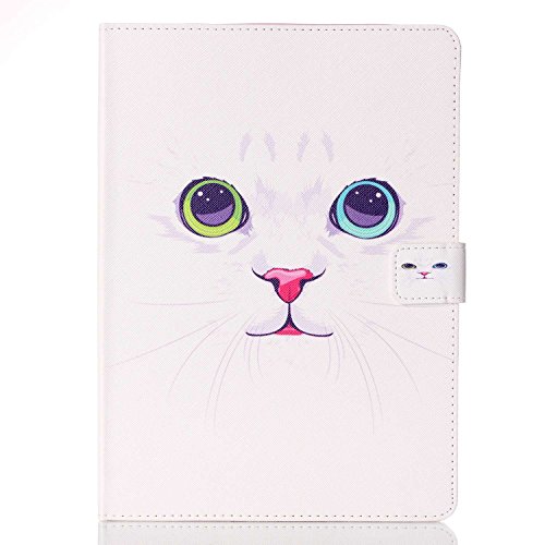 Etsue für Apple iPad Pro 9.7 Zoll [Weiß Katze Auge] Ledertasche Case Hülle,Bunte Retro Painted Leder Schutzhülle Smart Case Ultra Slim Flip Folio Etui Tasche Leder Case mit Standfunktion Kartenfächer Magnetverschluss im Bookstyle für Apple iPad Pro 9.7 Zoll + 1x Glitzer Staub Stecker + 1x Blau Eingabestift