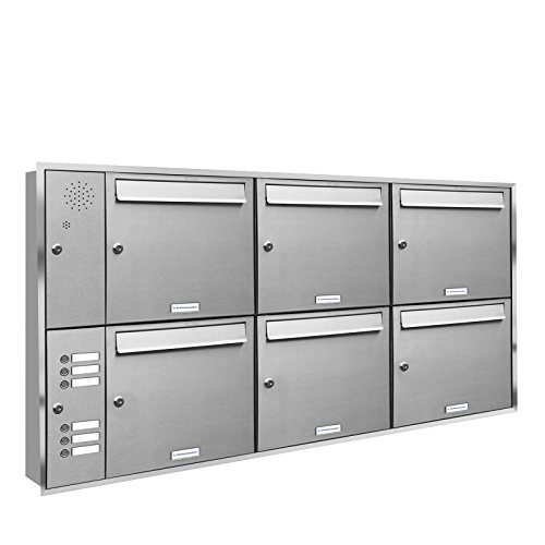 Preisvergleich Produktbild AL Briefkastensysteme, 6er Unterputzbriefkasten, Briefkasten mit Klingel, 6 Fach, Briefkastenanlage modern, rostfrei Edelstahl Postkasten