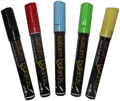 Reversible Dual Nib Chalk Marker Pens Chalk Pens 3mm Fine Bullet Nib - Wet Wipe Erase Chalk Markers Pack of 5 Colours Saturn Boards