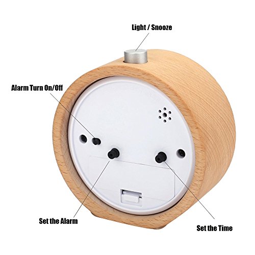 Jinberry Retro Lautlos Analog Runde Holzwecker / Handgemacht Vintage Tischuhr mit licht Nachtlicht, Snooze Funktion und Sanfter Weckton, 4 Zoll Lautlos Analog Quarz ohne Ticken Schleichende Sekunde Wecker – Weißbirke - 5
