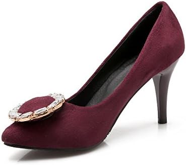Odomolor Women's Pointed Closed Toe High Heels Pull On Solid Pumps-Shoes with Zircon, Claret, 40