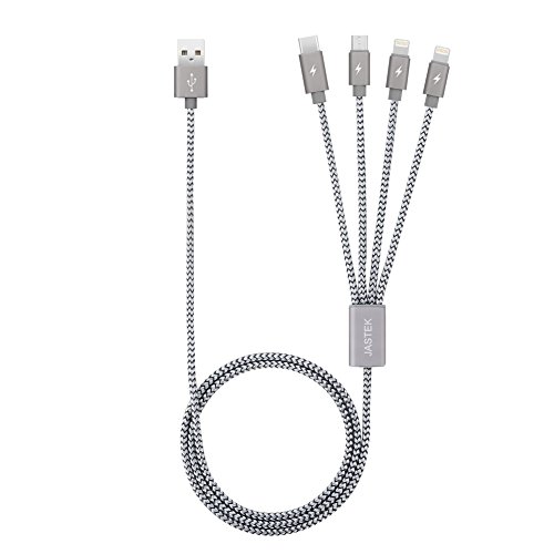 Multi USB-Kabel, jastek 3,3 Füße (1 Meter) 4 in 1 Geflochten mehrere Ladekabel Aluminum Adapter Stecker mit Typ C, 2 x 8 Pin Beleuchtung, Micro USB für universell einsetzbar – Aluminum Grau - 3