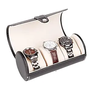 BAREPEPE Premium 3 Slot Watch Keeping Box for Men Women PU Leather Watch Organizer Round Case Watch Holder Pouch for Travel with Lock and Cushion - Black - Pack of 1