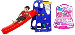 Webby Beauty Set for Girls, Pink & Webby Premium Foldable Garden Slide with Adjustable Height, Basketball Ring for Kids, Multicolor