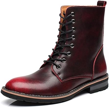 Men's Motorcycle Boots Mid Calf Leather Military Shoes Combat Boot Winter Autumn New Waterproof Lace-up , Wine Red , 42