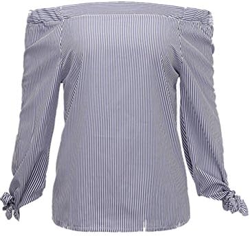 Monissy Womens Off Shoulder Long Sleeve Strip Blouse Lace Up Casual Tops Shirts